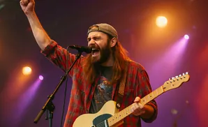 Man with long brown hair, beard, and baseball cap singing into a microphone while playing a guitar on stage.
