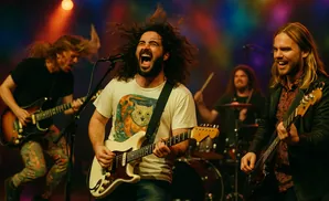 A rock band performs on stage, with a singer screaming into a microphone and two guitarists playing.