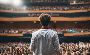 Back view of a person with curly hair on a stage in front of a large, blurred audience.