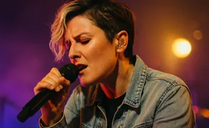 A close-up shot of a female singer in a denim jacket, passionately singing into a microphone under purple and orange stage lights.