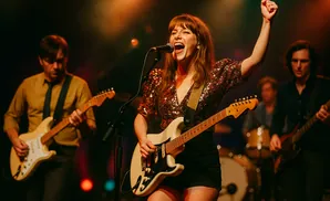 Woman singing and playing guitar on stage, with bandmates in the background.