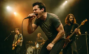 A male singer belts into a microphone on stage with a band behind him, bathed in warm stage lights.