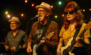 A band plays music on stage with colored lights in the background.