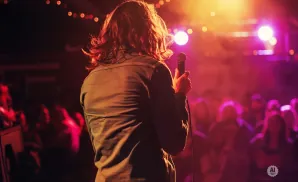 A band plays music on an outdoor stage with blue and red lights overhead.