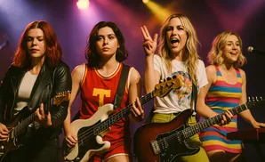 Women playing guitars on stage with colorful lighting.