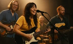 A woman in a yellow shirt sings and plays a black electric guitar in a band with other musicians.