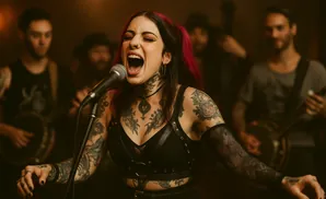 A woman with extensive tattoos and pink hair sings passionately into a microphone, backed by a band.