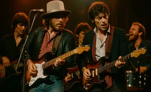 Musicians play guitars and sing on a stage with a drummer in the background.