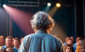 Back view of a person with curly gray hair on a stage, facing a blurred audience under colorful stage lights.