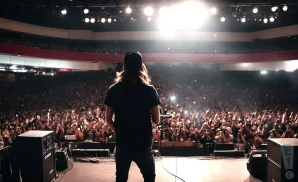 Musician on stage with back to audience in a packed, dimly lit arena with bright spotlights overhead.