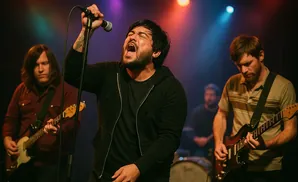 A band performs on stage with a lead singer in the foreground.