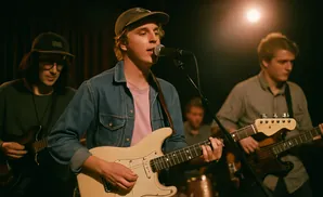 A band performs live, with the lead singer in a denim jacket playing a white electric guitar and singing into a microphone.