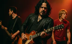 A rock band performs on stage. The lead guitarist plays a sunburst Les Paul while the bassist and singer look on.