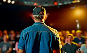 Man in denim shirt and baseball cap facing away from camera, addressing a blurred audience.