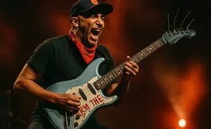 Musician plays a light blue guitar with red lettering that reads 