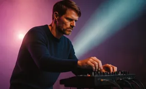 Musician with a beard playing a synthesizer under pink and blue stage lighting.
