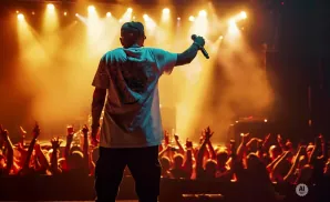A rapper performs for a cheering crowd under bright stage lights.