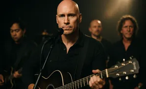 A bald man in a black shirt plays an acoustic guitar and sings into a microphone, with two other men blurred in the background.