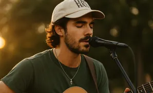 Musician with eyes closed sings into a microphone, wearing a baseball cap and playing an acoustic guitar.