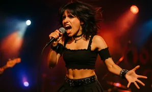 A woman with dark hair sings into a microphone on a stage lit by red and blue spotlights.