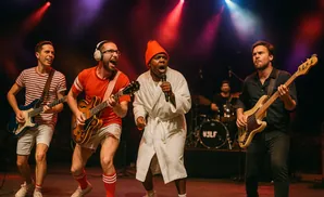 A band performs on stage with a singer in a bathrobe and an orange hat, two guitarists, and a bassist.