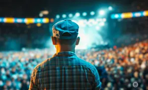 Man in a baseball cap and plaid shirt facing a blurred crowd at a concert.