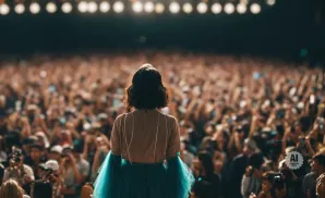 A performer in a teal skirt faces a cheering crowd at a concert.