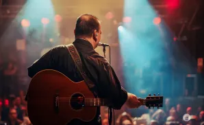 A guitarist plays on stage with blue and red lights illuminating the audience.