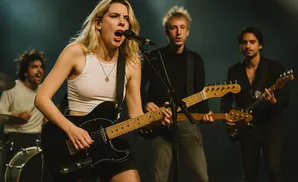 A female lead singer with blonde hair sings into a microphone while playing a black electric guitar on stage with her band.