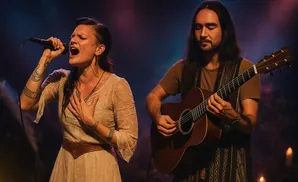 A woman sings into a microphone, hand on her chest, while a man plays an acoustic guitar beside her.