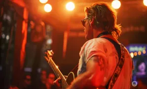 A guitarist in a white shirt plays an acoustic guitar on a brightly lit stage with red and orange lights.