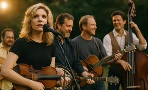 A female violinist sings into a microphone while a band plays guitar and upright bass at sunset.