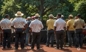 A brass band stands facing away from the camera, instruments ready.