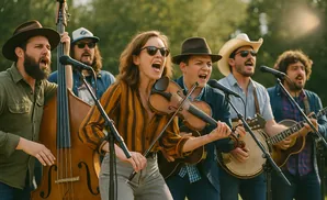 A band performs bluegrass music outdoors, with a woman playing the violin and others singing and playing instruments.
