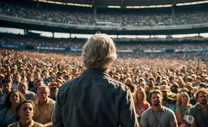 A man with curly blonde hair stands with his back to the camera, addressing a large crowd in a stadium.