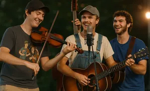 A band of three young men happily play music outdoors, with one on violin, one on guitar, and one on upright bass.