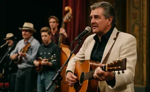 A man in a light suit plays guitar and sings into a microphone while a band performs behind him.