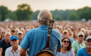 Man with banjo on his back faces a large crowd at an outdoor concert.