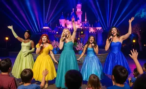 Five Disney princesses sing on stage in front of a castle, with an audience of children in the foreground.