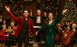 A man in a red jacket and a woman in a green sequined dress sing with arms raised, holding hands, with an orchestra behind them and a Christmas tree.