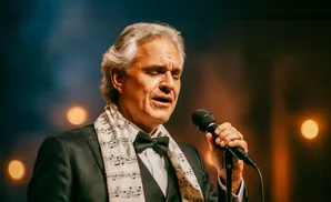 Andrea Bocelli singing into a microphone, wearing a tuxedo and a scarf with sheet music.