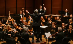 Conductor leading an orchestra of musicians playing violins.