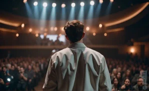 black jacket symphony performing on stage in front of green lights