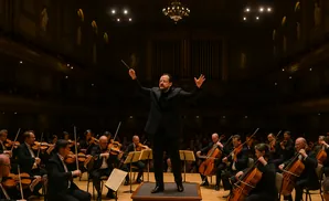 Orchestra conductor directs musicians from a raised podium in a grand concert hall.