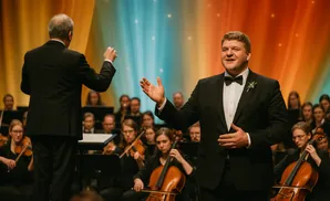 A conductor directs an orchestra while a male soloist sings into a microphone.