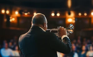 a rear view photo of byron stripling performing a concert on stage to a lively audience
