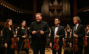 Concertmaster and musicians in formal attire stand with violins, ready to perform.