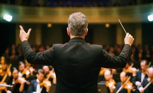 Conductor with arms outstretched leads an orchestra.