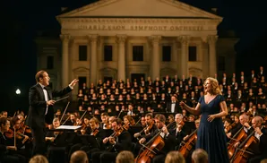 Conductor leads an orchestra and choir performing in front of a building at night.