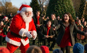 Santa Clause smiles while a woman sings into a microphone, with a band and Christmas trees behind them.